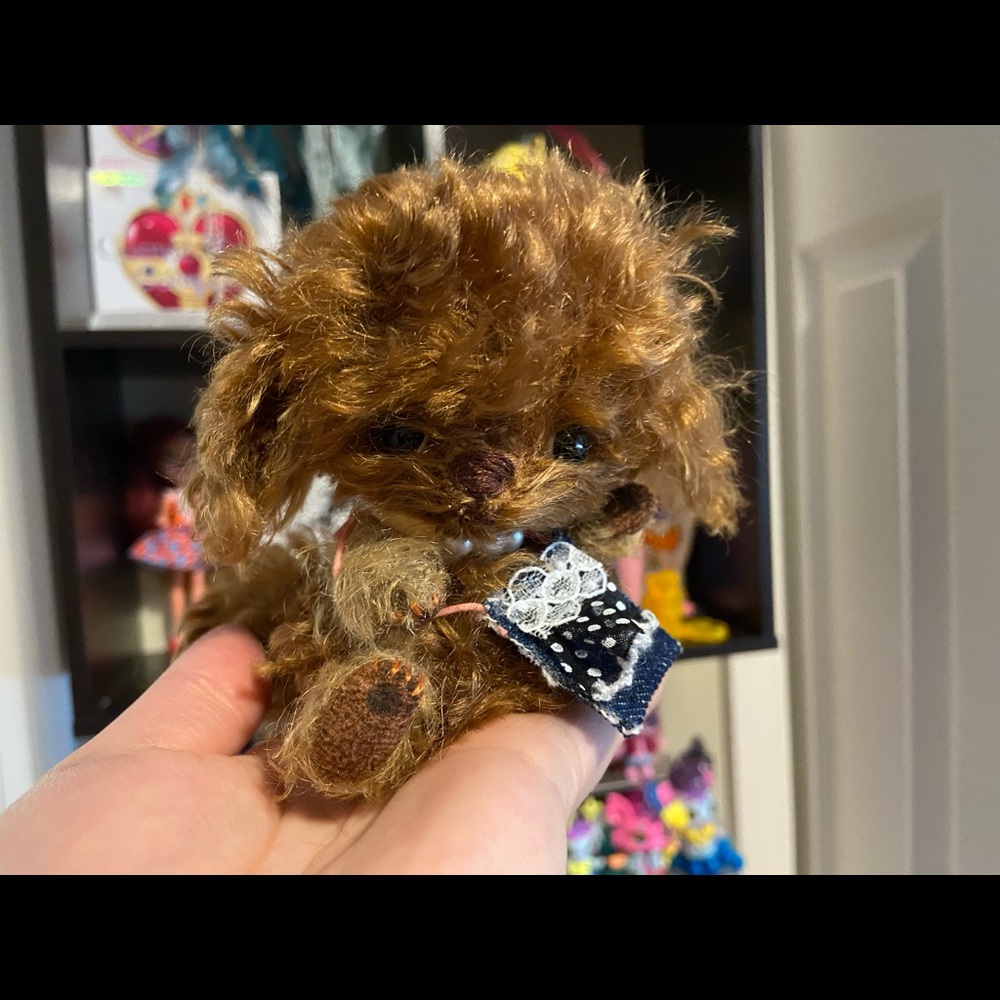 Handmade Mohair Limb Jointed Puppy, Brown, Fluffy Pup Hand Crafted Glass Eyes